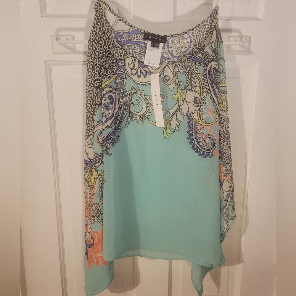 TRIBAL Peacock Turquoise Sheer Poncho Tunic Top Size S Small